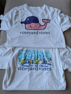 Vineyard Vines White Men's Tees with Pink Whale and Blue Sailboat Graphic